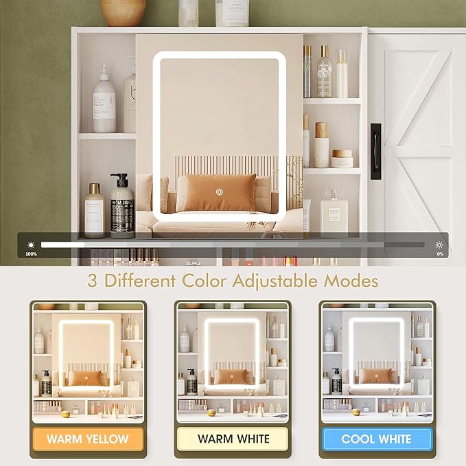 Vabches Makeup Vanity Desk with Mirror and Lights, Farmhouse Vanity Mirror with Lights Desk and Chair, White Vanity Table with Charging Station and Storage, Dressing Table Set for Bedroom Room