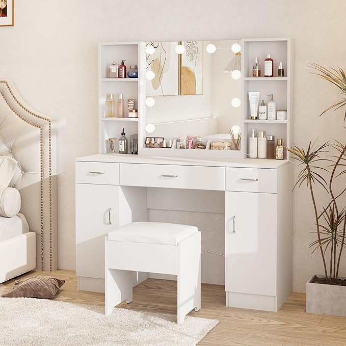 Makeup Vanity Desk with Lights, White Vanity Set Makeup Table with 3 Drawers, 2 Cabinets and Multiple Shelves, Large Vanity 45inch