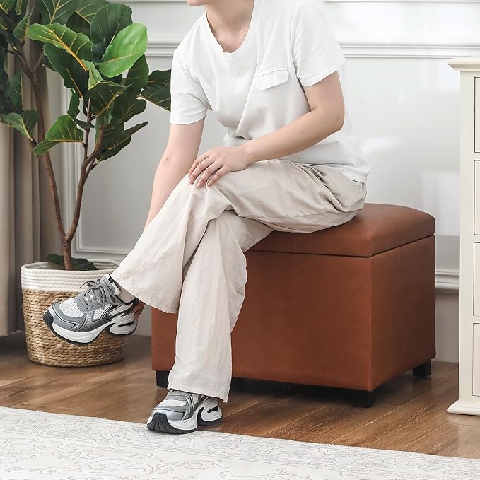 Asense 24'' Small Square Ottoman with Lift Off Lid, Storage Cube Leather Ottoman for Foot Rest, Footstool for Dorm, Living Room, Bedroom, Cognac Brown