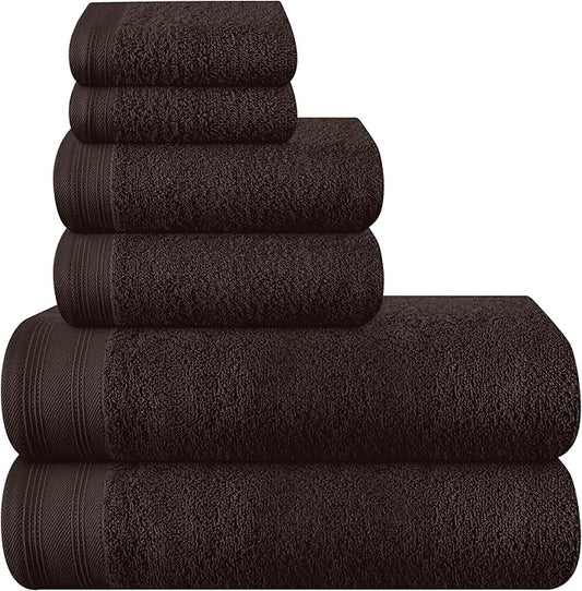 Ultra Soft 6 Pack Cotton Towel Set, Contains 2 Bath Towels 28x55 inch, 2 Hand Towels 16x24 inch & 2 Wash Coths 12x12 inch, Ideal Everyday use, Compact & Lightweight - Chocolate Brown