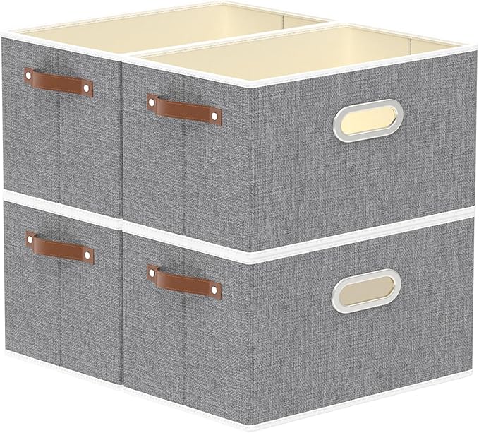 Yawinhe Fabric Storage Baskets, Foldable Closet Organizer for Shelves, Large Boxes with 3 Handles, Canvas Bins for Clothes, Grey, 12.99''Lx9.05''Wx7.87''H, 4-Pack