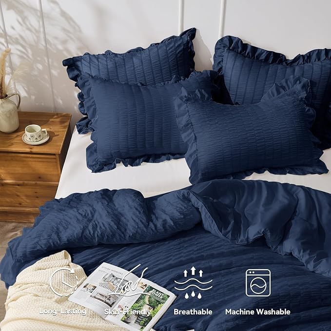 JOLLYVOGUE Navy Blue Queen Comforter Set, 3 Pieces Seersucker Comforters Queen Size, Lightweight & Fluffy Bedding Sets Queen for All Season with 1 Ruffle Comforter and 2 Ruffle Pillowshams