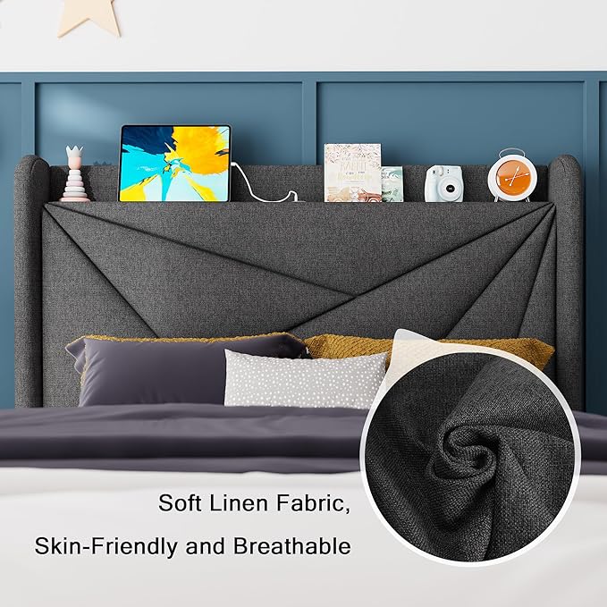 Feonase Twin Size Bed Frame with Charging Station, Upholstered Linen Platform Bed Frame with Wingback Headboard, Solid Wood Slats Support, No Box Spring Needed, Noise Free, Charcoal Grey