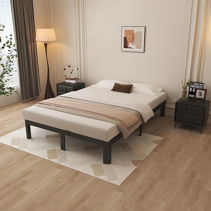 10 Inch Queen Bed Frame, Black Bed Frame Queen Size with Metal Baffles, No Box Spring Needed, Heavy Duty Steel Platform Support, Rounded Corner Design, Reserved Holes, Storage Space, Noise Free