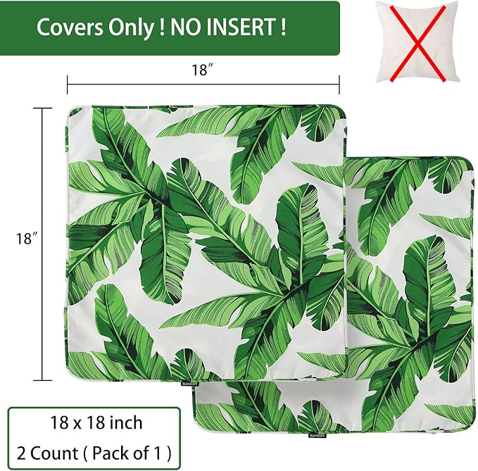 Outdoor Throw Pillow Covers 18x18 Inch, Set of 2, Cover Only! Waterproof Fade Resistant Decorative Cushion Sham Pillow Cases for Patio Furniture Chair Couch Sofa - Green Leaves White
