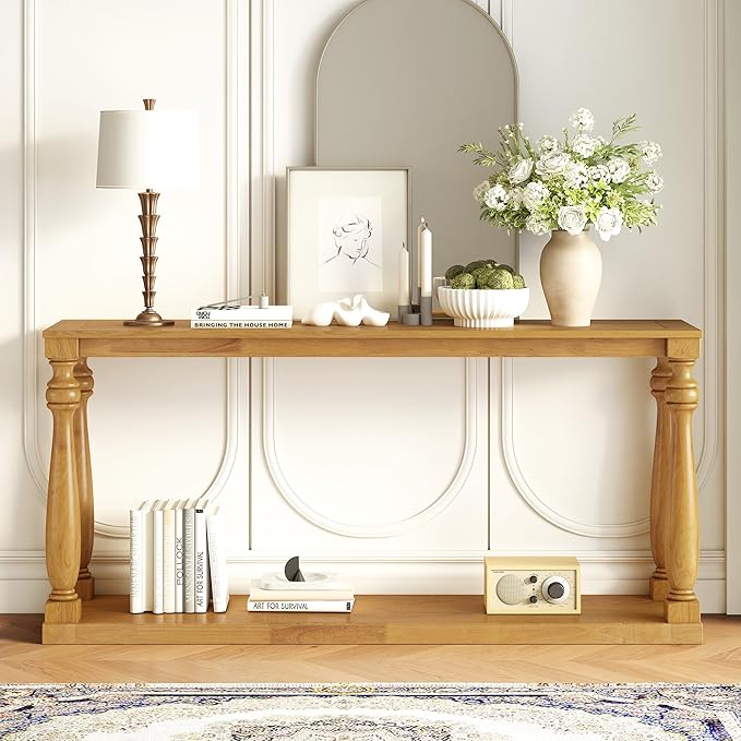 63 Inch Console Table with 4 Vase-Leg, Vintage Wood Grain Sofa Table Behind Couch, Narrow Entryway Accent Table for Living Room, Entrance, Hallway, Foyer, Bedroom, Apartments, Natural