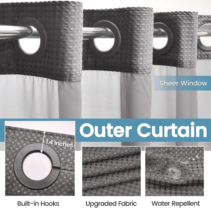 Charcoal Grey No Hook Shower Curtain with Snap in Liner,230GSM Waffle Weave Shower Curtains for Bathroom,71W x 74H