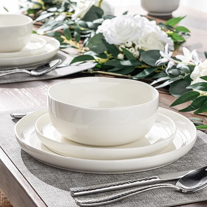 LERATIO Ceramic Dinnerware Sets for 8,Handcraft Wavy Rim Stoneware Plates and Bowls Sets,Highly Chip and Crack Resistant | Dishwasher & Microwave & Oven Safe Dishes set,Service for 8(24pc)-Pearl White