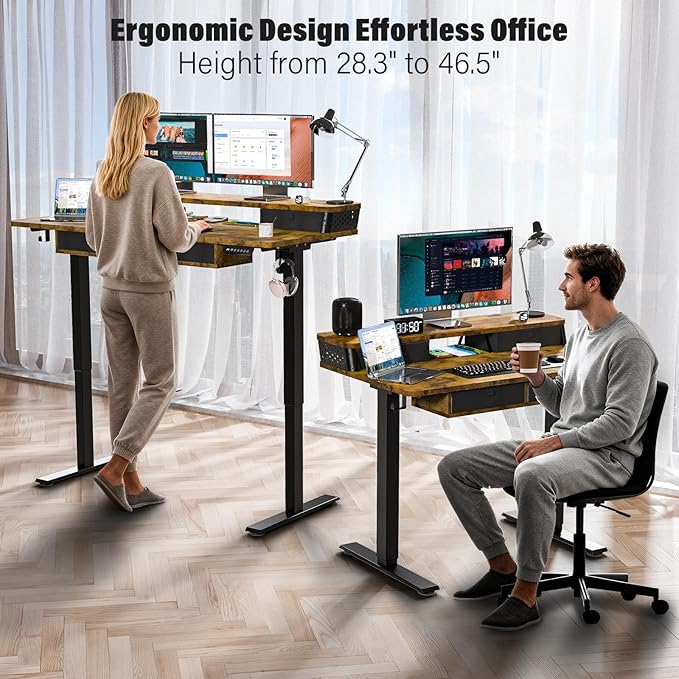 Electric Standing Desk with 4 Drawers 55''x 24'' Adjustable Height Sit to Stand Up Desk with Storage Shelf, C-Clamp Mount Compatible Black Home Office Desks Computer Gaming Table Ergonomic Workstation