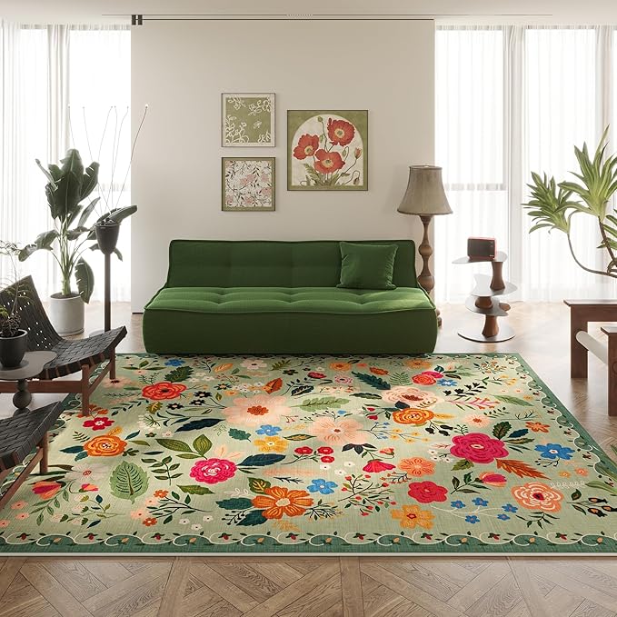 Area Rugs 9x12 Living Room Clearance Washable Boho Rug Non Slip Floral Vintage Low Pile Large Rug for Living Room, Bedroom, Farmhouse, Dining Room, Kids Playroom(Green)