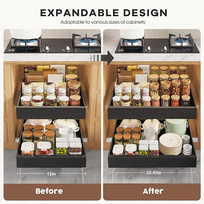 2 Pack Pull Out Cabinet Organizers 21"Deep with Raising Pad for Framed Cabinets,Expandable Slide Out Drawers Upgrade 3 Slide Rails,Roll Out Shelves Adhesive,Adjustable Width 12"-20.45" Black