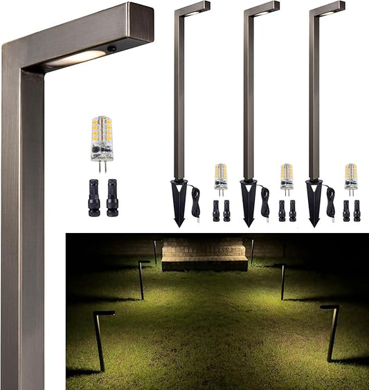Brass Hardwired Landscape Path Lights, 12V Low Voltage Pathway Light IP65 Waterproof, Outdoor Walkway Lighting Wired, LED Bronze for Patio Lawn with 3W 3000K Soft White G4 Bulb (4 Pack)