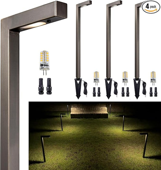 Brass Low Voltage Path Lights, Waterproof Landscape Pathway Light, 12V LED Outdoor Bronze L Shape Walkway Lamp for Driveway Sideway Garden with 3W 270LM 5000K G4 Bulb 4 Pack