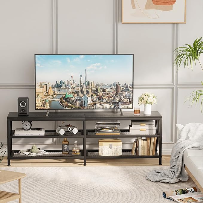TV Stand for TVs up to 70 Inch, 63" Long Industrial TV Console Table with 3-Tier Storage Shelves, Entertainment Center for Living Room, Bedroom (Black)