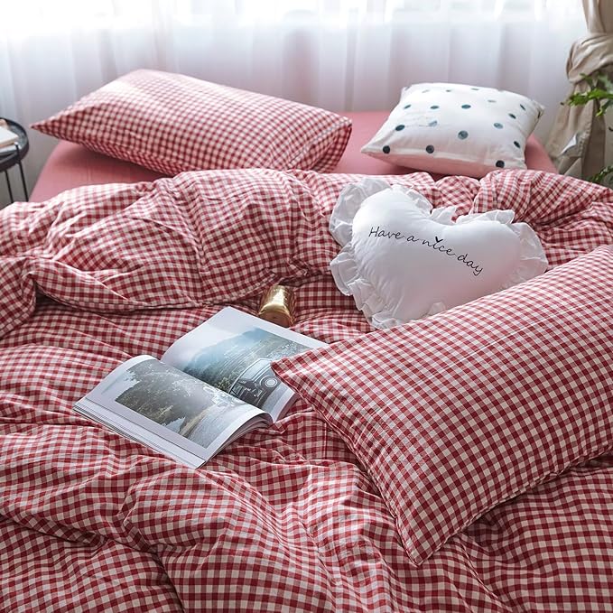 mixinni Red Gingham Comforter Set King, Plaid Comforter Set 3 Pieces 1 Red Grid Comfoter with 2 Pillow Cases for All Seasons, Soft Fluffy Modern Grid Pattern Printed Bedding-King Size