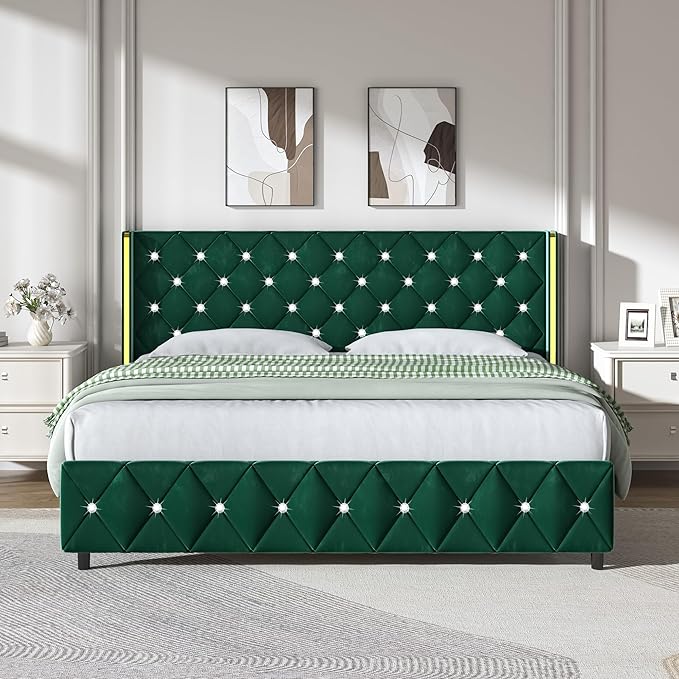 HOMBCK King Size Bed Frame with Headboard, Upholstered Platform Bed with Wingback Design, Modern Diamond Bed Frame with Tufted Deep Button, No Box Spring Needed, Easy Assembly, Green