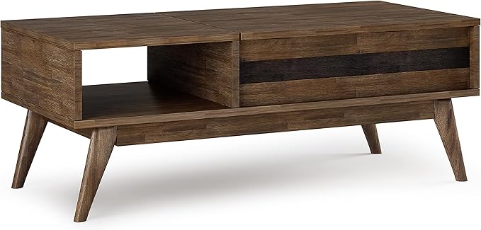 SIMPLIHOME Clarkson Lift Top Coffee Table - 48 inch Wide Solid Acacia Wood Mid-Century Cocktail Table in Rustic Natural Aged Brown, Stylish Living Room Table with Storage Compartment and Open Shelf
