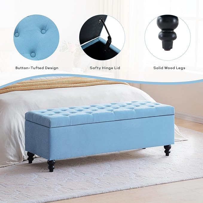 HUIMO 50-inch Storage Ottoman Bench in Upholstered Fabrics, Button-Tufted Large Window Bench for Bedroom, Living Room, End of Bed Bench Hold Up to 300lbs (Light Blue), OT1-1