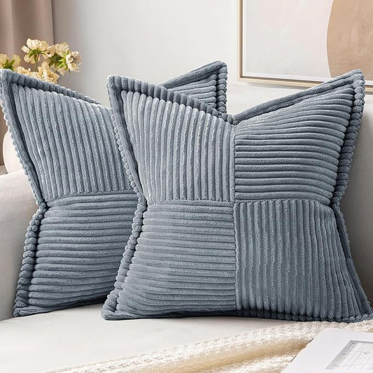 MIULEE Decorative Throw Pillow Covers for Couch Bed Livingroom 18x18 Inch Set of 2 Dustyblue Boho Accent Throw Pllows Broadside Striped Patchwork Soft Corduroy Pillowcases
