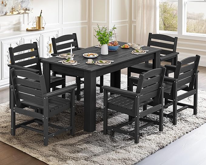 SERWALL HDPE Dining Set for 6, Outdoor Dining Sets for 6 Person with 1 Umbrella Hole Cut-Out Rectangular Table and 6 Chairs, Patio Dining Sets for Garden, Backyard, Poolside, Black