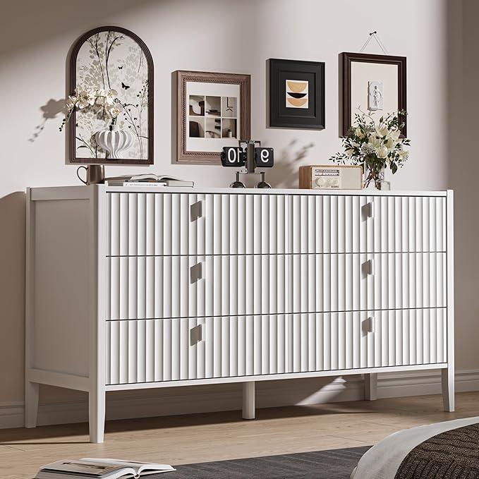 White 6 Drawer Dresser for Bedroom, Modern Wood Dresser, Fluted Design Double Chest of Drawers with Wood Legs, TV Stand Storage Cabinet for Bedroom, Living Rooms, Offices, and Entryways