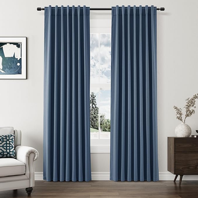 Guken Blackout Curtains 80 Inch Length 2 Panels Set for Living Room Bedroom Back Tab Thermal Insulated 100% Black Out Linen Drapes Room Darkening Window Curtains 80 Inches Long,Denim Blue