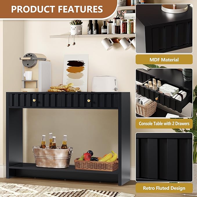 Console Table with Drawers, Narrow Mid-Century Fluted Entryway Table Sofa Table with Storage Shelf, Wood Entry Table Accent Behind Couch Table for Entrance, Hallway, Living Room (Black)