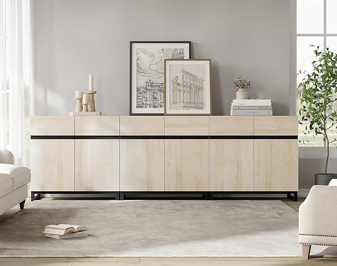 WAMPAT Modern TV Stand for TVs Up to 100 Inch, 3 in 1 Entertainment Center with Adjustable Shelves and Metal Base, Media Console for Living Room and Bedroom, Light Oak