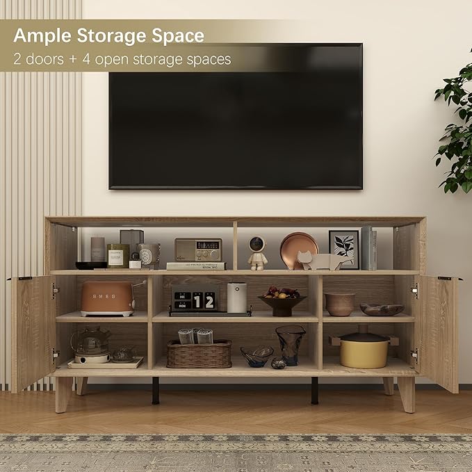 Fluted TV Stand for 70 inch，Entertainment Center with Storage Cabinets, Modern TV Console with Open Adjustable Shelves, TV Stand for Living Room Bedroom, Natural