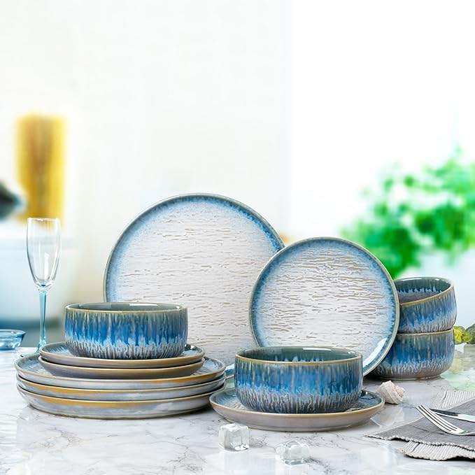 “Talia” 12-piece Stoneware Dinnerware Set with Reactive Glaze Finish, Service for 4, Blue Reactive Glaze