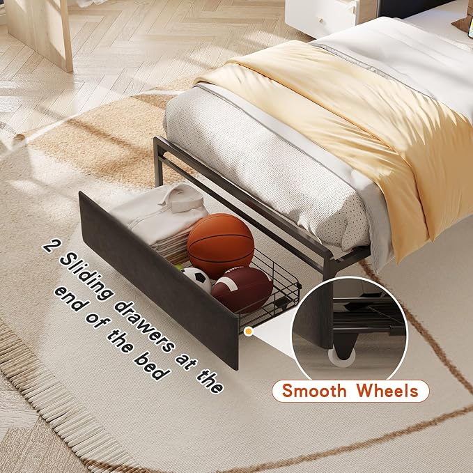 Maupvit Twin Bed Frame with Storage Headboard and Drawer,Upholstered Platform Bed Frame with LED Lights & Charging Station,Twin Size Bed with Guardrail,No Box Spring Needed,Grey