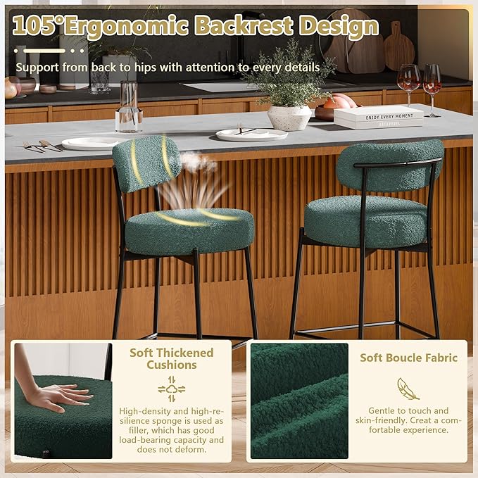 DYHOME Bar Stools Set of 4, 24 Inches Modern Counter Height Bar Stools with Curved Back Metal Legs, Green Upholstered Boucle Barstools for Kitchen Island, Cafe