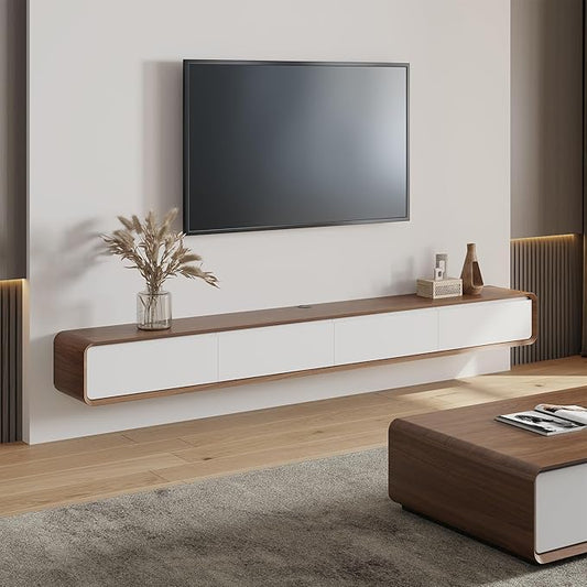 POVISON Fully-Assembled Minimalist Floating TV Stand, Modern Wall-Mounted Entertainment Center with 4 Flip-Down Cabinet Doors, Solid Wood, Walnut Veneer & White, 94"