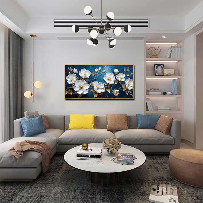 White Flower Wall Decor for Bedroom Women - Large Framed Wall Art for Living Room Ready to Hang Size 29"x 59"