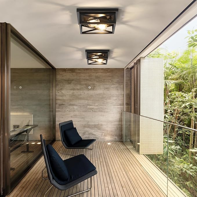 Farmhouse Flush Mount Ceiling Light for Kitchen,2-Light Modern Rustic Metal Finish Industrial Kitchen Ceiling Light Fixture for Bedroom, Hallway Entryway(Black & Gold Border)