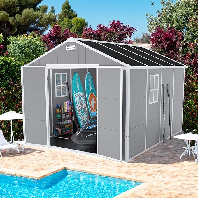 8x8 FT Outdoor Storage Resin Shed with Floor,Waterproof Plastic Garden Bike Shed with Lockable Door, Sloped Roof, Vents & Windows, Easy Assembly Tool Shed for Lawn, Backyard, Patio, Grey