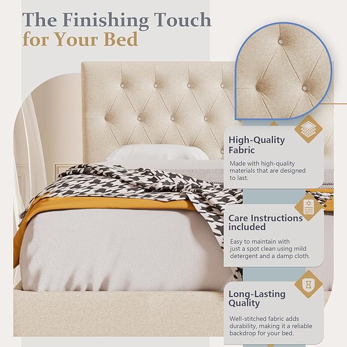 Rosevera Givanna Adjustable Height Headboard with Linen Upholstery and Button Tufting for Bedroom, Queen, Natural Linen