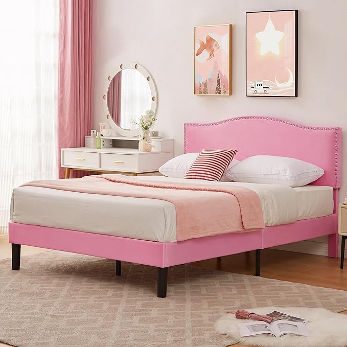VECELO Full Bed Frame, Platform Bed Frame with Adjustable Height Upholstered Headboard, Heavy-Duty Frame and Strong Wooden Slats Support, Non-Slip and Noise-Free, Easy Assembly, Pink