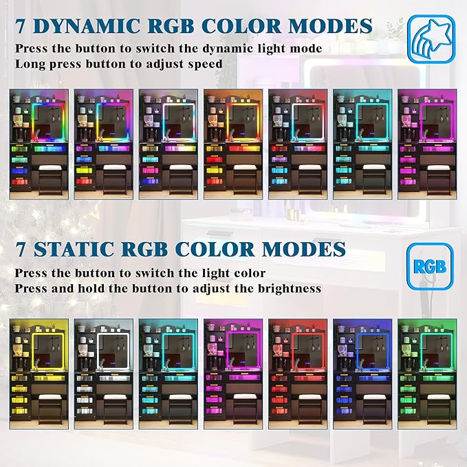 Vanity Desk with Lights and Sliding Mirror, Makeup Vanity Desk with Charging Station, Vanitys Dressing Table with Stool,LED Vanity Set with Large Drawers&Shelves for Bedroom, Decor, Black