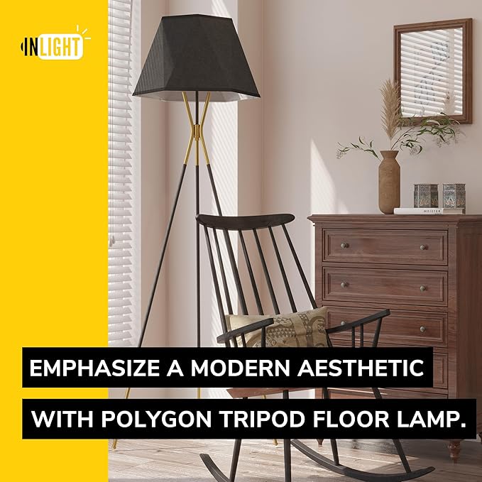 Inlight 65" Modern 1-Light Black and Gold Tripod Floor Lamp with Geometric Design Shade and Black Metal Legs, Bulb Not Included, IN-0808-1-BK