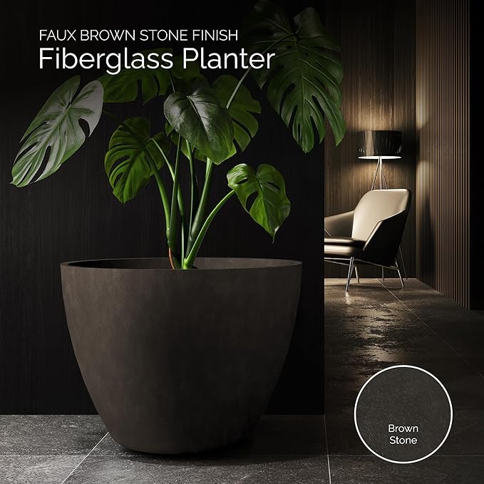 Lupo Tapered Planter – Brown Stone Finish – Fiberglass Indoor/Outdoor and Weather-Resistant Large Planter (32.3" D x 24.6" H Exterior, 30.7" D x 24" H Interior)