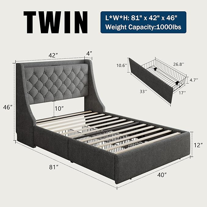 Twin Bed Frame with 4 Storage Drawers, Giant Upholstered Wingback Headboard, Fast Charging Station, No Box Spring Needed, Noise-Free, Dark Gray