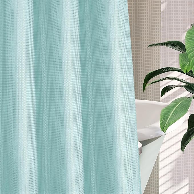 MitoVilla Teal No Hooks Needed Waffle Shower Curtain with Snap-in Liner, Turquoise Modern Waffle Weave Heavy Fabric Cloth Shower Curtain for Aqua Luxury Neutral Hotel Spa Bathroom Decor, 72 x 74
