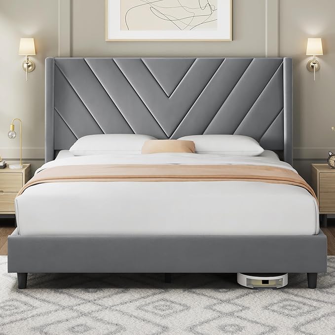 Yaheetech Queen Bed Frame Upholstered Platform Bed with Wing Side/Wooden Slat Support/Tufted Headboard with Wing Side/Mattress Foundation/No Box Spring Needed,Light Grey Queen Bed
