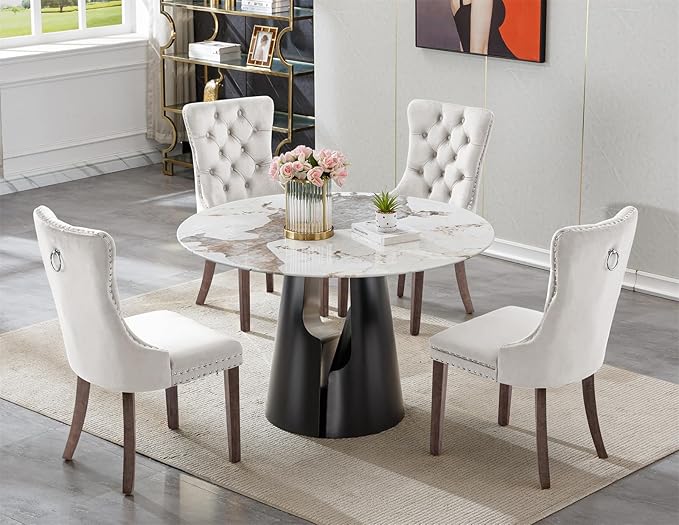 5-Piece Faux Marble Round Dining Table Set for 4, Modern Luxury Kitchen Table Set for 4 with Beige Tufted Chairs,Circle Dining Tables with Pandora Grain Top and Black Pedestal Base