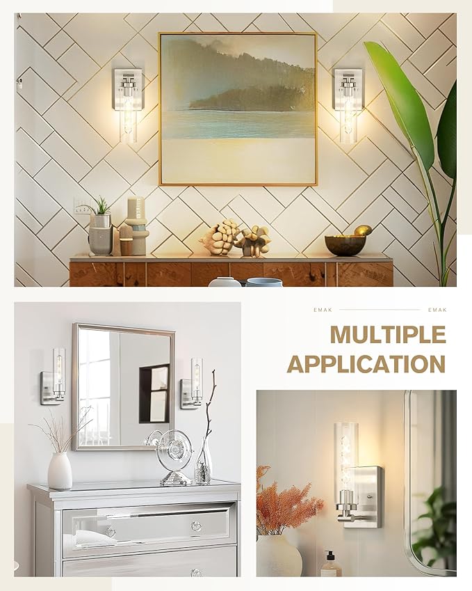 Emak Modern Wall Lights, Brushed Nickel Sconces with Clear Glass Shade, 2 Light Bathroom Vanity Light for Bathroom, Mirror, Living Room, Bedroom, Gallery, WS086-BN-CG-2PK