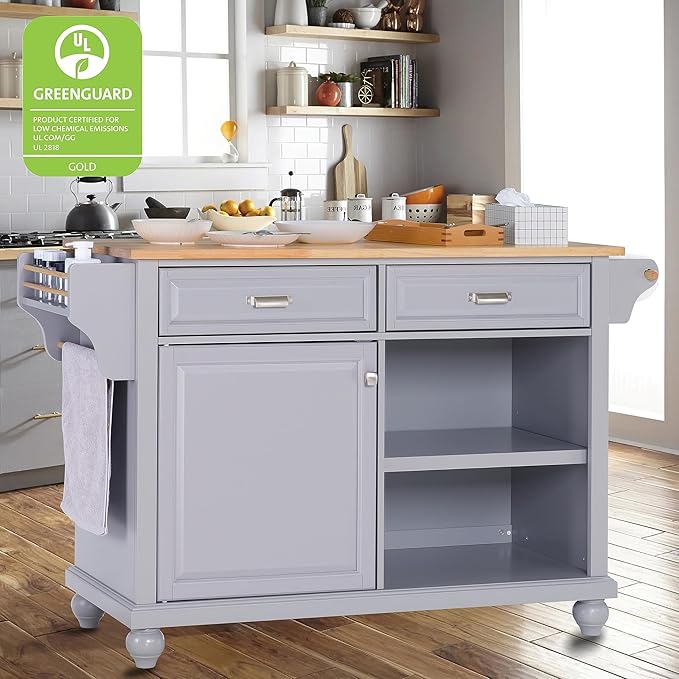 Mobile Kitchen Island on 5 Universal Wheels, Greenguard Gold Certified, Stationary Storage Island with 5 Wood Cabinet Feet, Utility Kitchen Island Cart with Drop-Leaf and Storage for Kitchen (Gray)