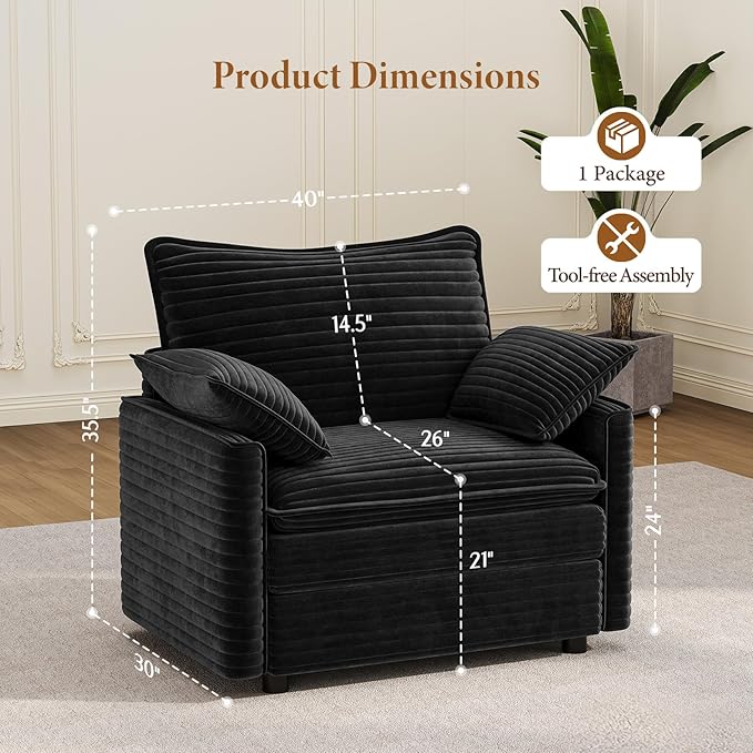 Vesgantti 40" Single Seat Sofa, Comfy Cloud Couch Deep Seat Upholstered Couch Corduroy Modern Sofa with Armrest Pillow, Easy Assembly for Living Room, Bedroom and Apartment, Black