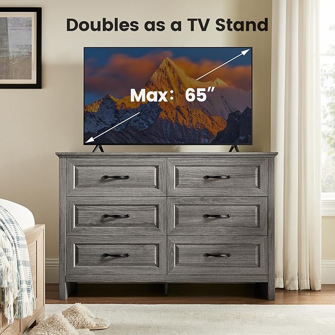 Amada Farmhouse 6 Drawer Dresser for Bedroom, 47.2 Inch Wide Wood Dresser with Natural Texture, Large Drawers, Rustic Farmhouse Chest of Drawers for Bedroom, Living Room, Hallway, Gray