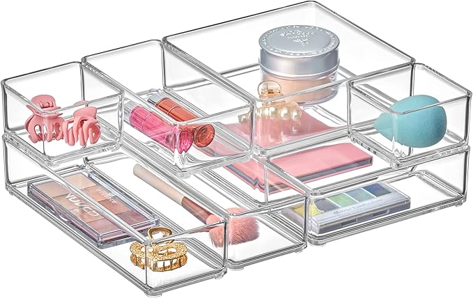 Amazing Abby - QuickSort - Plastic Stackable Organizers (8-Piece Set) for Vanity and Desk Drawer, Perfect Storage Solution for Beauty Products, Office Supplies, Decorative Items, and More